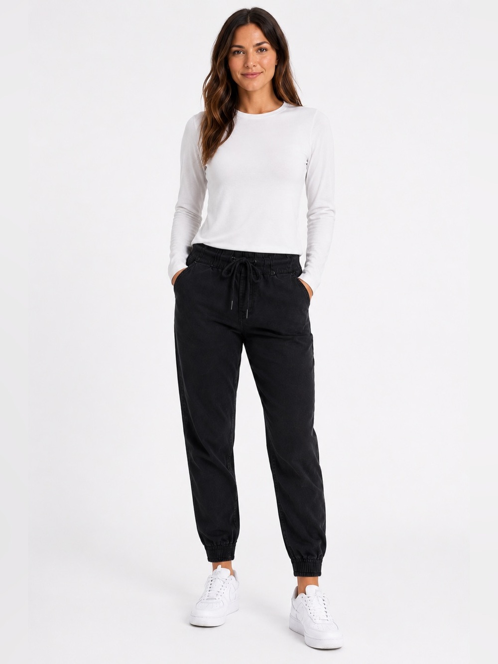 Jeaniologie Black Cotton Twill Joggers Size 30 Womens Pants